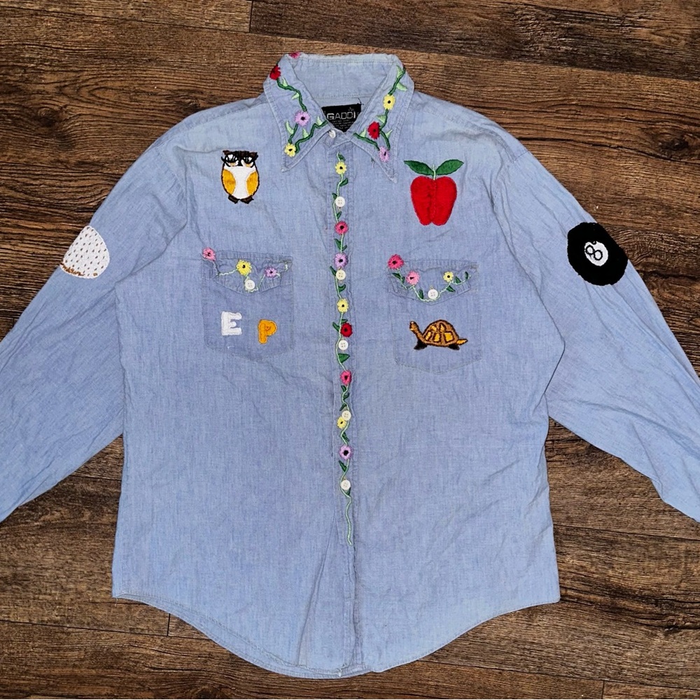 Vintage 70s Chambray Embroidered Hippie Custom Shirt Size Large